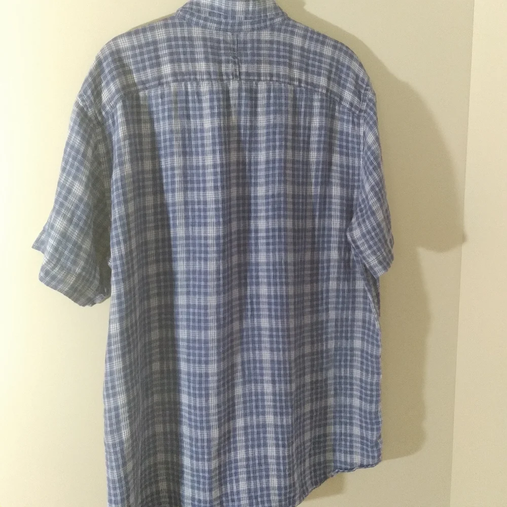 Banana Republic Linen Short Sleeve Camp Shirt Camden Blue Plaid‎ Mens Large